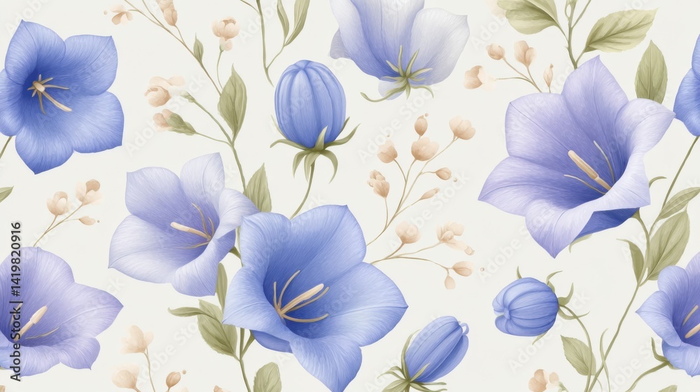 Obraz premium Delicate blue flowers with green leaves on a light background create a serene floral pattern.