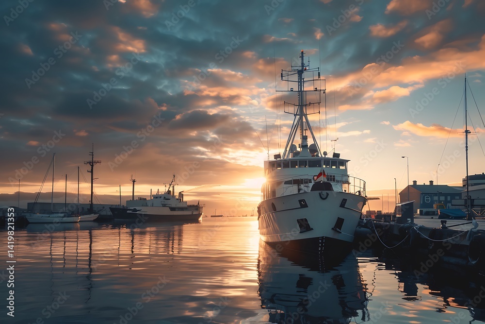 White Ship Docked At Harbor During Sunset with Golden Sky Reflection White Ship Docked At Harbor During Sunset with Golden Sky Reflection