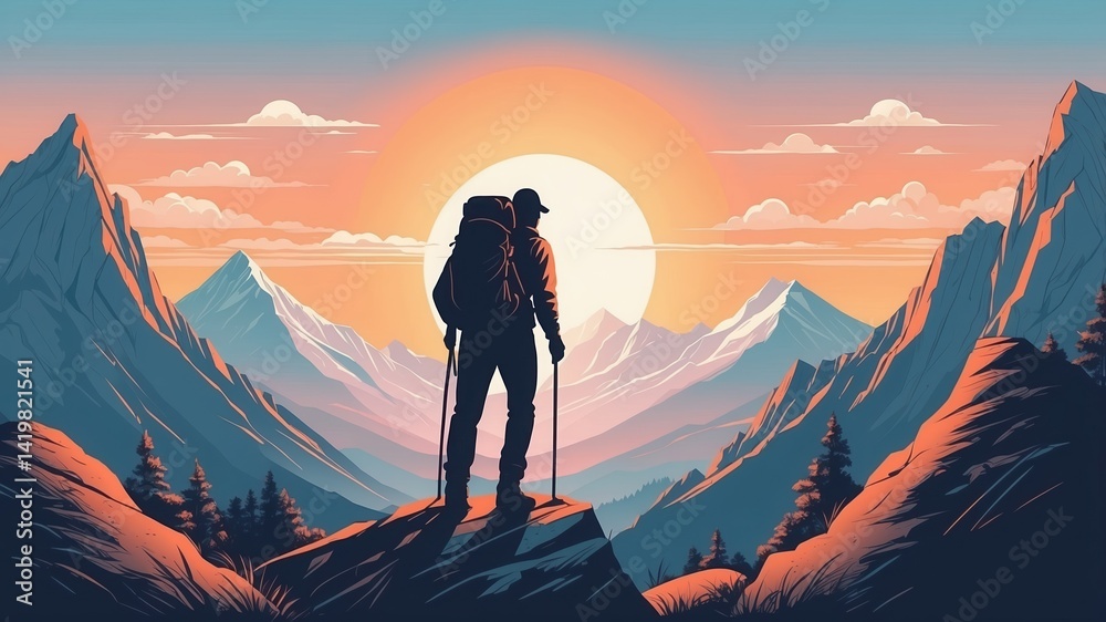 Fototapeta premium Hiker silhouette stands on peak. Backpack and trekking poles, sun glows behind mountain range. Nature scenery with blue sky, orange sunrise and layered hills.