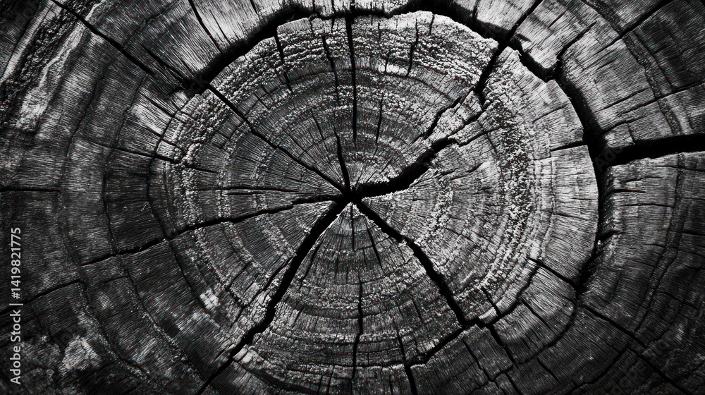 Fototapeta premium Close-up of a charred tree trunk's cross-section. Deep cracks radiate from the center, showcasing the wood's texture