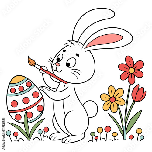 bunny painting easter egg and some flowers coloring page vector
