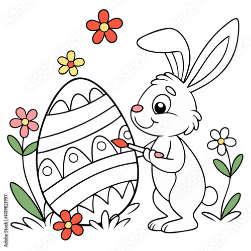 bunny painting easter egg and some flowers coloring page vector