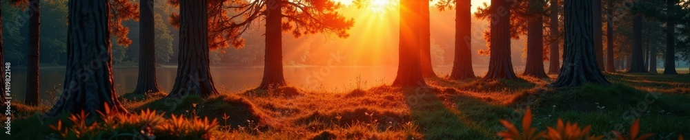 Fototapeta premium A forest of pines bathed in a warm orange glow, warm, trees