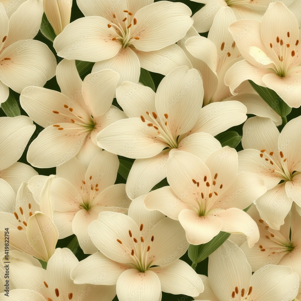 A beautiful pattern of cream-colored lilies with intricate details and a lush background.