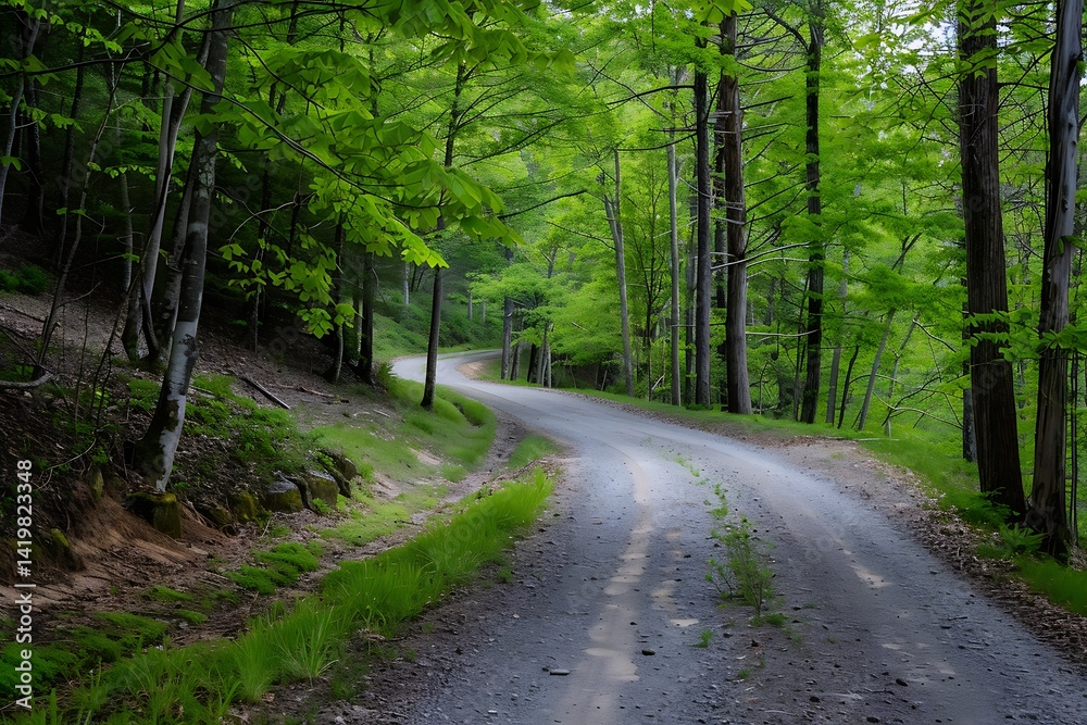 Naklejka premium Winding Gravel Road Through Lush Green Forest With Canopy Sunlight Filtering Through