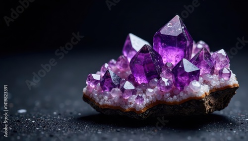 Rough amethyst crystals on black andesite background, quartz, mineral, crystal