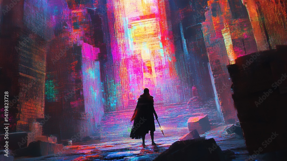 Person stands in a cave with colorful light filtering through an opening above. Person stands in a cave with colorful light filtering through an opening above.