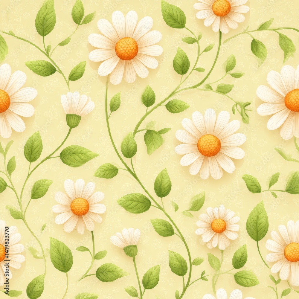 Floral pattern featuring white daisies and green leaves on a soft yellow background.