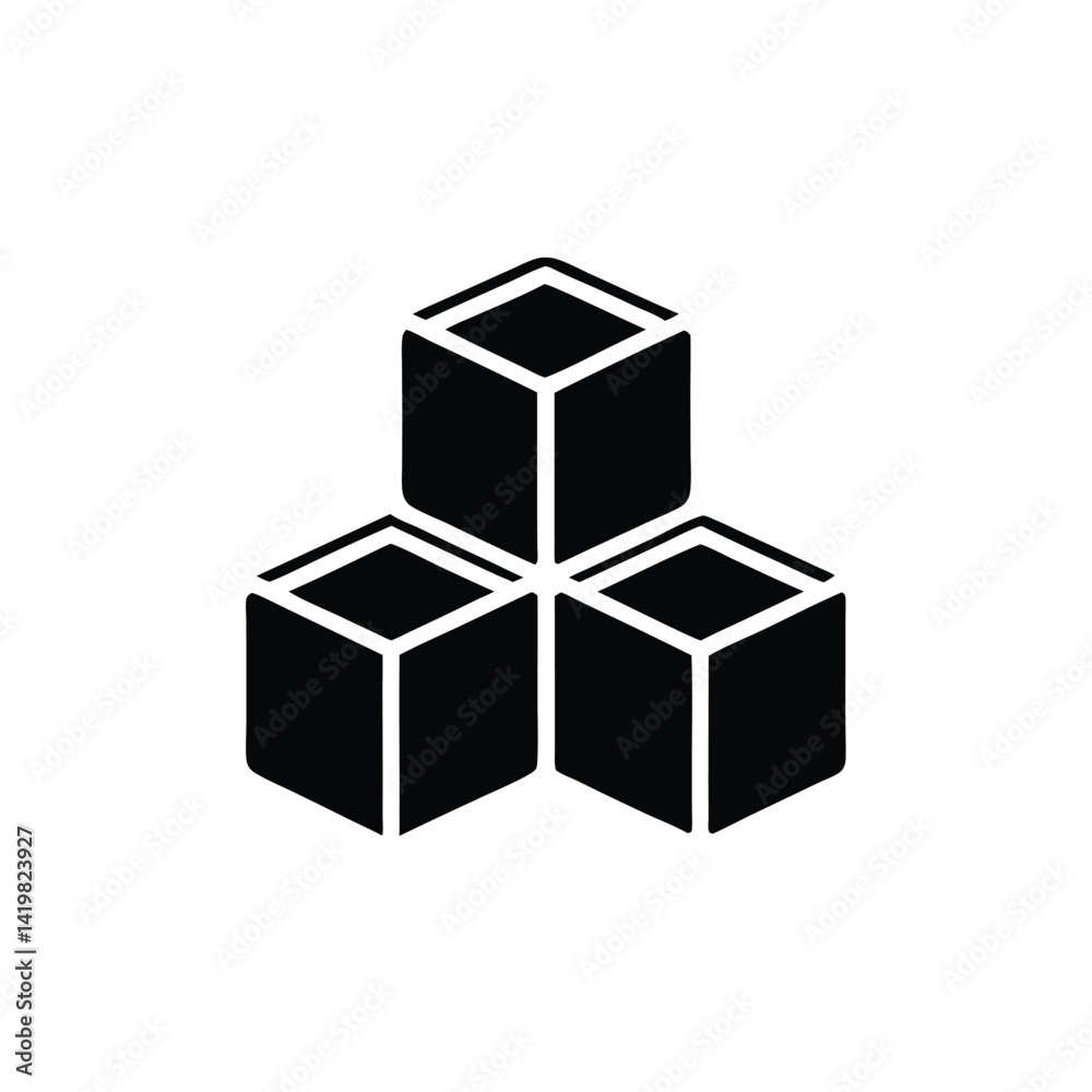 Stacked Cubes Icon Design on Transparent Background, Three Black Isometric Shapes Stacked Cubes Icon Design on Transparent Background, Three Black Isometric Shapes