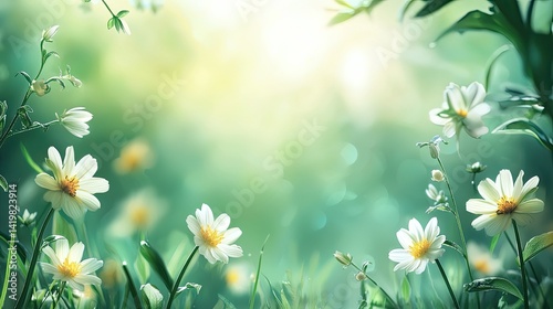Lush, vibrant springtime meadow filled with white flowers. photo