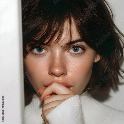 Beauty portrait of a beautiful young woman in a turtleneck sweater. Beautiful bare face, winter image