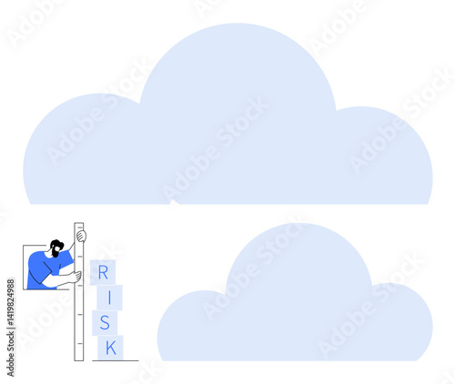 Person examining stacked blocks spelling RISK against a background of large subtle clouds. Ideal for risk management, data analysis, cloud technology, decision-making, problem-solving