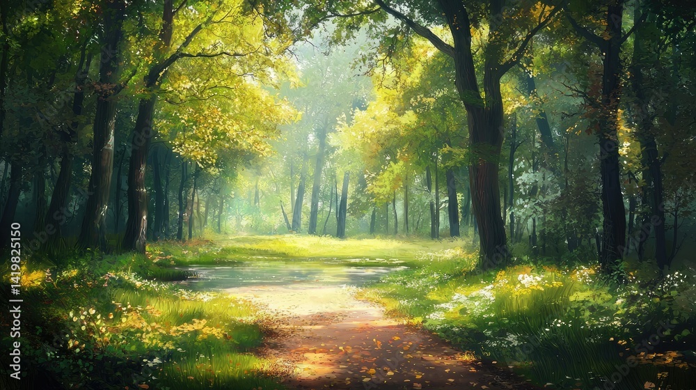 Fototapeta premium Sunlight filters through a verdant forest path.