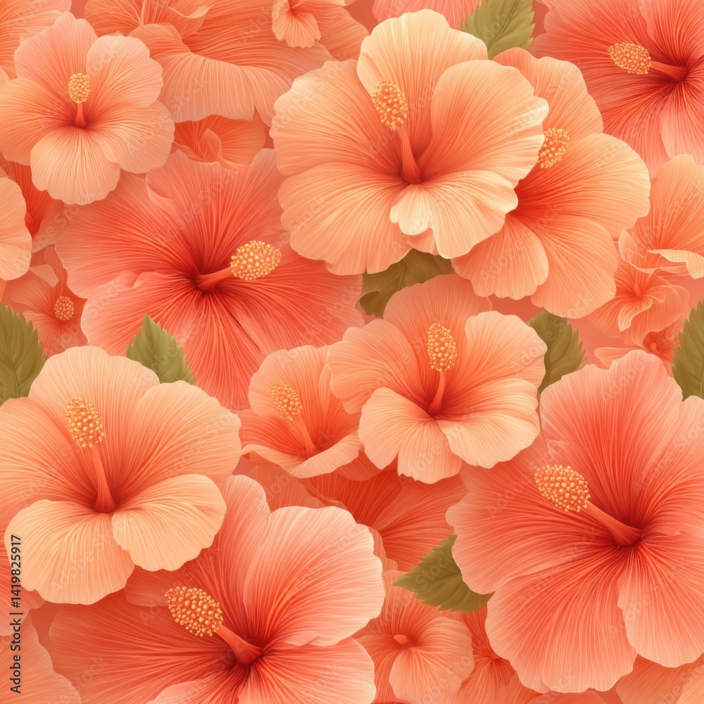 Obraz premium Vibrant floral pattern featuring hibiscus flowers in shades of orange and peach with green leaves.