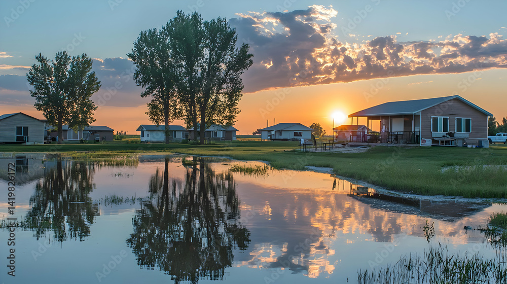 Obraz premium Flooded Rural Landscape At Sunset