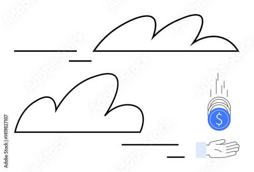 Two clouds with simple outlines, coins falling into an open hand. Ideal for technology, finance, data, cloud computing, digital payment, charity, sustainability simple landing page
