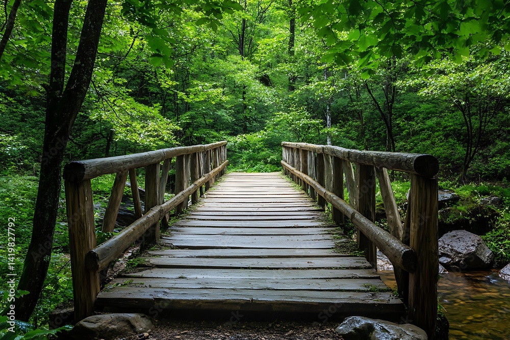 Fototapeta premium Wooden Bridge Spanning Through Green Lush Forest Under Soft Sunlight