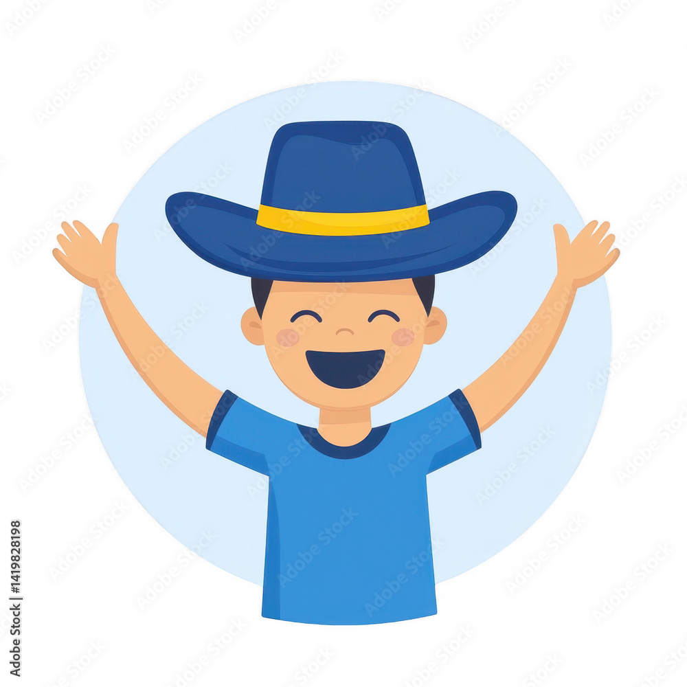 A cheerful boy wearing a blue shirt and a wide-brimmed hat is joyfully raising his arms. The background is light blue, giving a lively and playful atmosphere. A cheerful boy wearing a blue shirt and a wide-brimmed hat is joyfully raising his arms. The background is light blue, giving a lively and playful atmosphere.