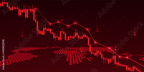 Falling stock chart with a world map at the bottom indicates an economic recession, market volatility or financial crisis. Suitable for use in economic news, analysis reports, and global finance.
