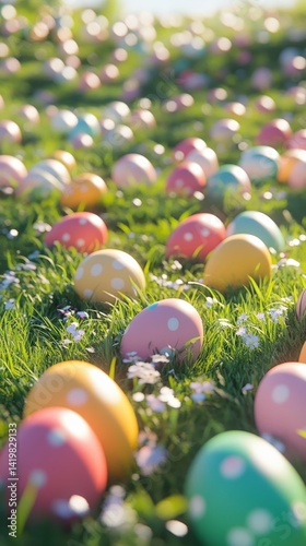 A colorful Easter egg hunt in a sunny field, with the eggs scattered amongst fresh green grass