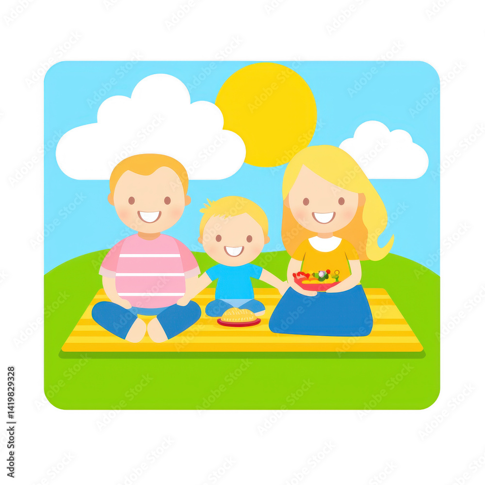 A cheerful family enjoying a sunny day outdoors, sitting on a blanket with a bright sun and clouds in the background, representing happiness and togetherness. A cheerful family enjoying a sunny day outdoors, sitting on a blanket with a bright sun and clouds in the background, representing happiness and togetherness.