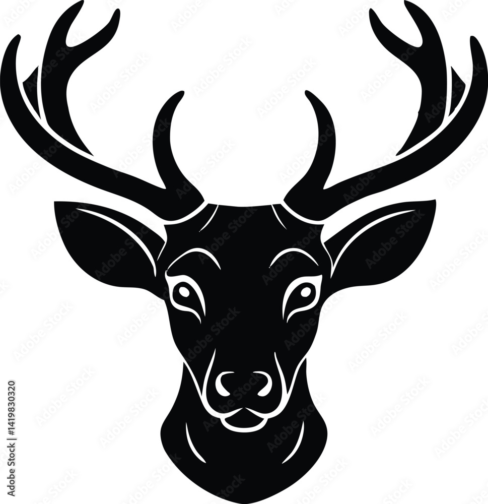 Naklejka premium jumping silhouette icon, happy deer head silhouette vector symbol, deer head silhouette, head of a deer, smiling deer cartoon character head icon on white background.
