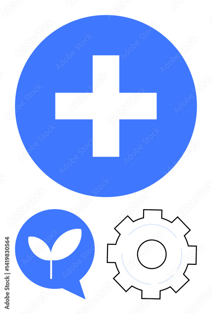 Obraz premium Large blue plus sign, speech bubble with leaf, and outlined gear representing healthcare, sustainability, and technology. Ideal for health, growth, environment, innovation teamwork productivity