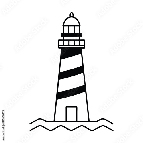 Minimalist lighthouse icon graphic black and white maritime navigation safety symbol waves underneath