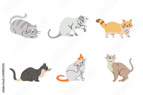 Cute Cats Collection:  A cheerful set of six adorable hand-drawn cats in various poses, showcasing their playful personalities.