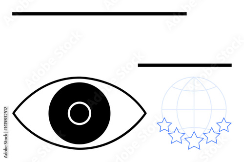 Stylized eye with a bold iris, horizontal lines above and below, globe with five stars. Ideal for security, surveillance, global standards, evaluation, vision, branding and simple landing page