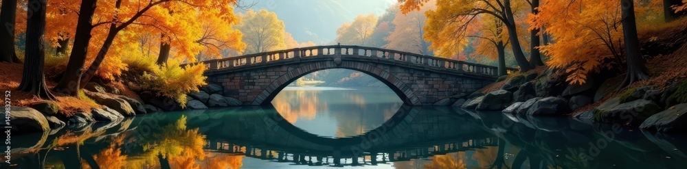 Obraz premium Golden leaves reflected in still water, Ashness Bridge in autumn , september, stone