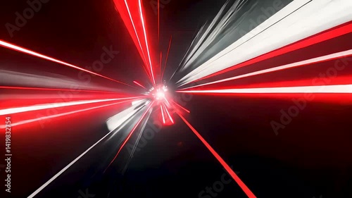 Red and white glowing light trails zooming through tunnel at warp speed