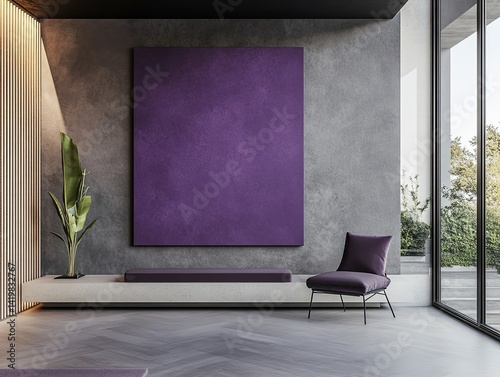 Modern Minimalist Living Room with Purple Artwork and Concrete Wall