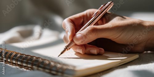 Close-up of a hand holding a rose gold pen, writing in a notebook on a fabric surface, illuminated by sunlight, symbolizing simplicity, focus, and the act of writing—ideal for productivity, journaling