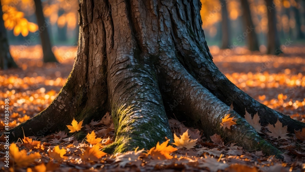 Tree Trunk on Forest Floor Covered with Fallen Autumn Leaves Tree Trunk on Forest Floor Covered with Fallen Autumn Leaves