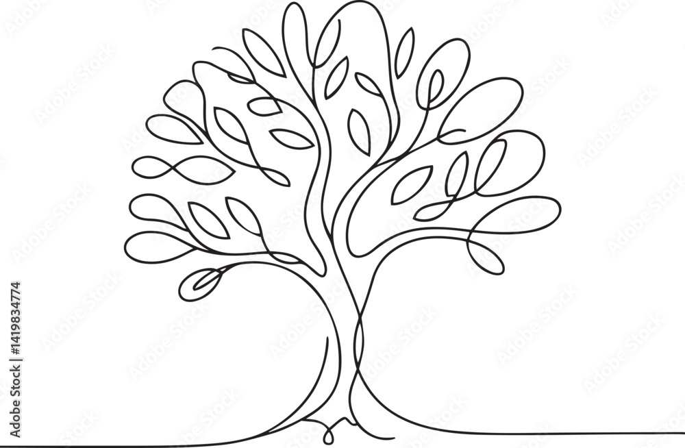 Minimalist tree illustration with graceful curves and continuous line branches forming a whimsical shape with overlapping foliage great for modern nature artwork