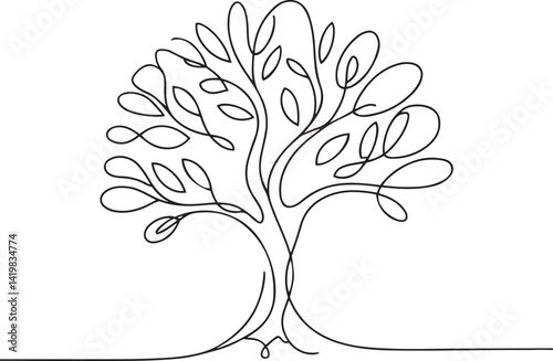 Minimalist tree illustration with graceful curves and continuous line branches forming a whimsical shape with overlapping foliage great for modern nature artwork
