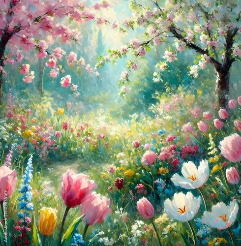 Dreamy spring garden painting with blooming cherry blossoms, tulips, and wildflowers in soft pastel colors and glowing sunlight