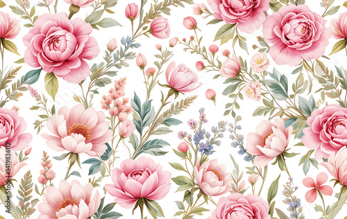Wallpaper Mural A floral wallpaper pattern in watercolor with transparent background Torontodigital.ca