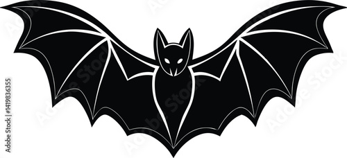bat with wings silhouette vector icon, flying halloween bat silhouette with extended wing symbol, bat illustration, bat and bats, bat on white background.