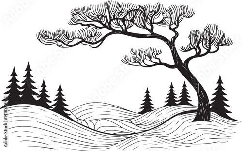 Elegant pen and ink forest scene with black and white abstract trees and hilly terrain in a minimalist style great for nature illustrations and wall prints photo