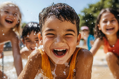 Vibrant image of happy children laughing and playing in a water splash pad during a sunny day, showcasing summer fun and joyful moments