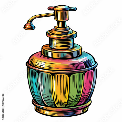 Colorful Vintage Soap Dispenser Illustration with Hand Drawn Details