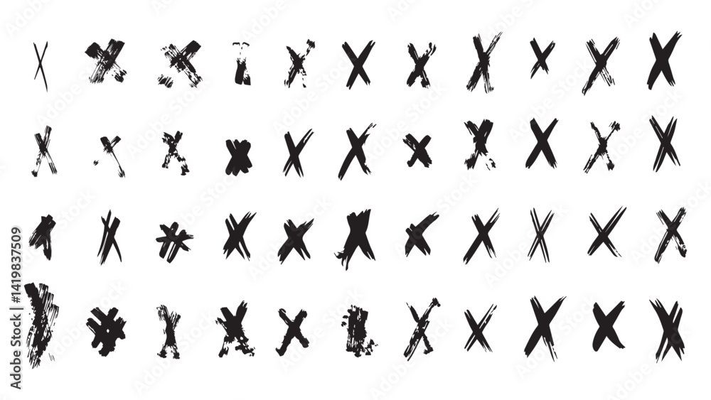 Set of black cross made with grunge brush, bold brush strokes forming cross, incorrect icons, reject vector symbols, vector buttons for vote, collection of crosses drawn with ink, grunge elements