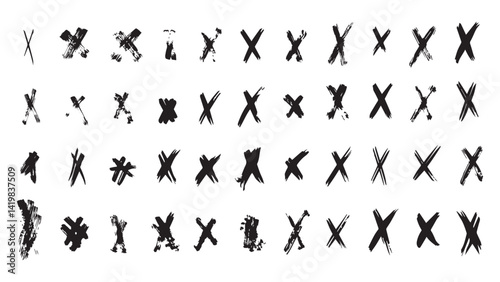 Set of black cross made with grunge brush, bold brush strokes forming cross, incorrect icons, reject vector symbols, vector buttons for vote, collection of crosses drawn with ink, grunge elements