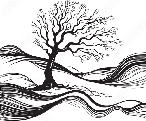 Whimsical tree design with delicate line work and a sense of motion in a minimalist landscape using black and white tones to highlight form and flow in nature