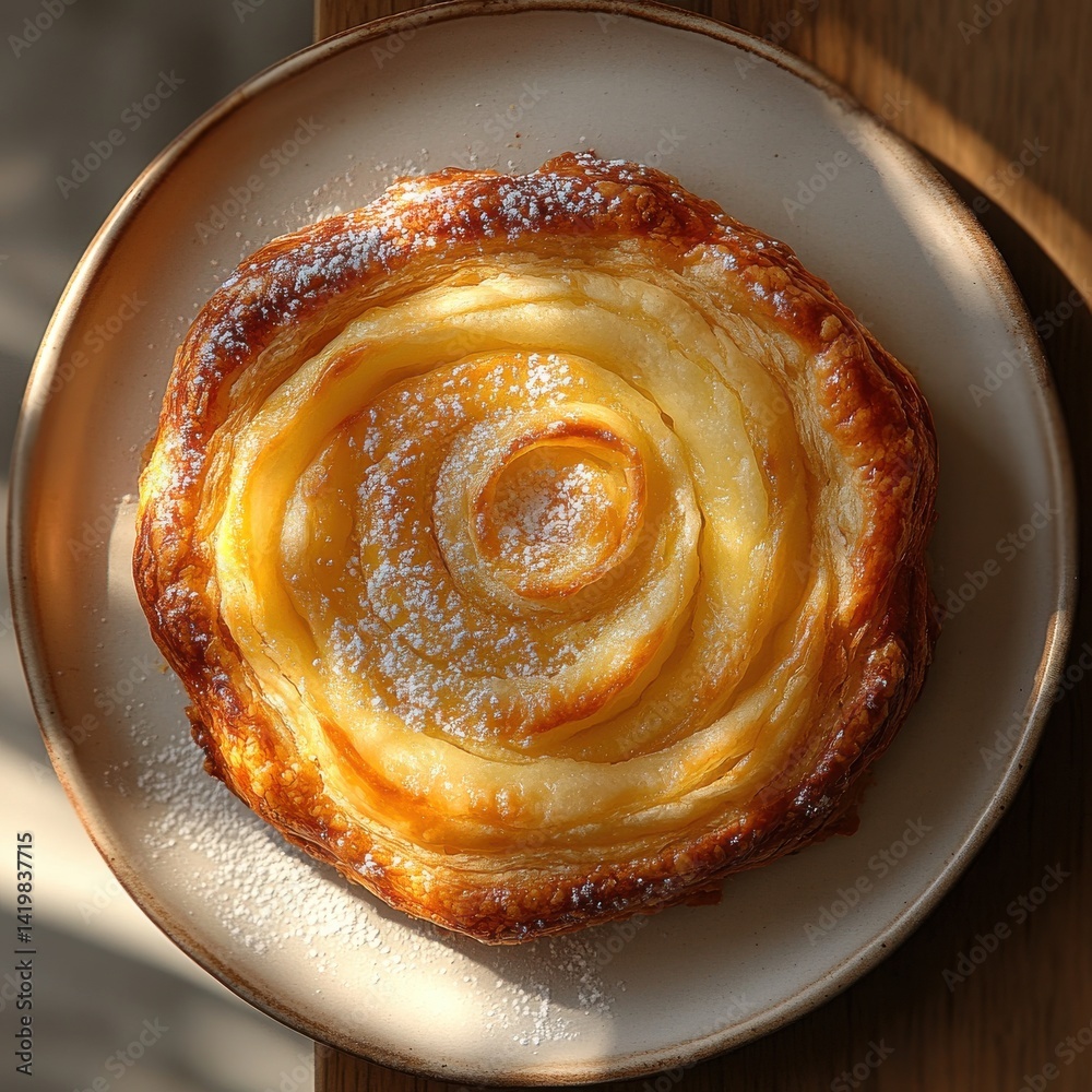 Fototapeta premium top-down pastry item with crispy crust, soft minimal lighting
