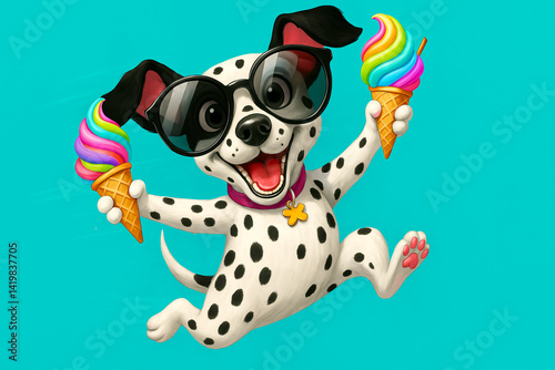 Playful Cartoon Dalmatian Puppy Jumping with Rainbow Ice Cream Cones and Sunglasses on Turquoise Background – Fun Summer Concept in 3D Illustration Style
