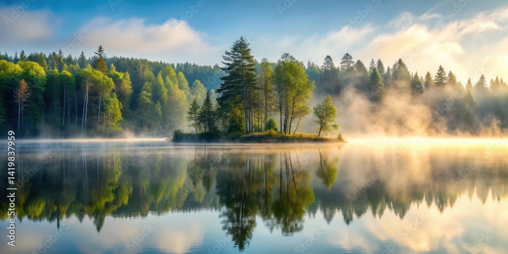 A serene forest with misty fog gently falling on a quiet lake's surface at dawn, mist, lake, mist, lake A serene forest with misty fog gently falling on a quiet lake's surface at dawn, mist, lake, mist, lake