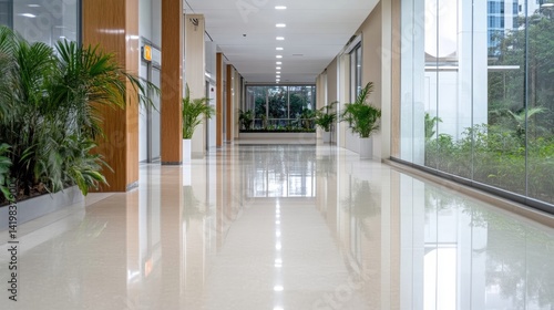 Modern, clean office hallway with natural light and greenery